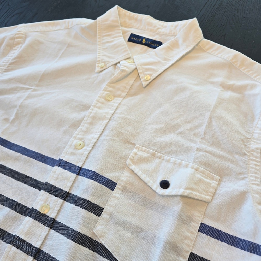 Ralph Lauren Mens XXL White Navy Striped Short Sleeve Button Down Shirt NWT